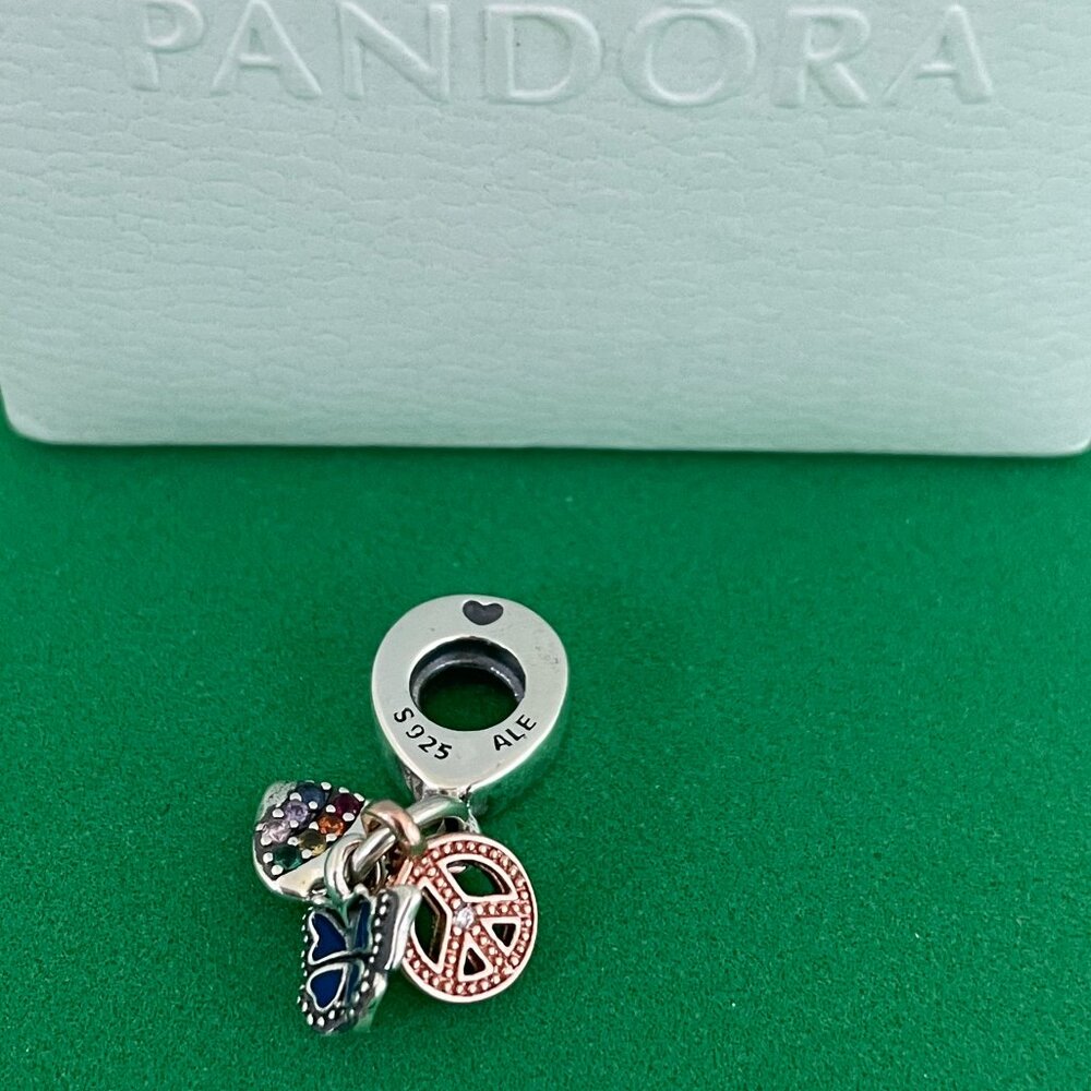 Pandora Two-Tone Rainbow Heart, Butterfly & Peace Triple Dangle Charm